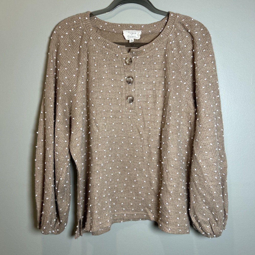 Womens tan Sweater L Button Accent Knit white polka dots Peasant Cottagecore